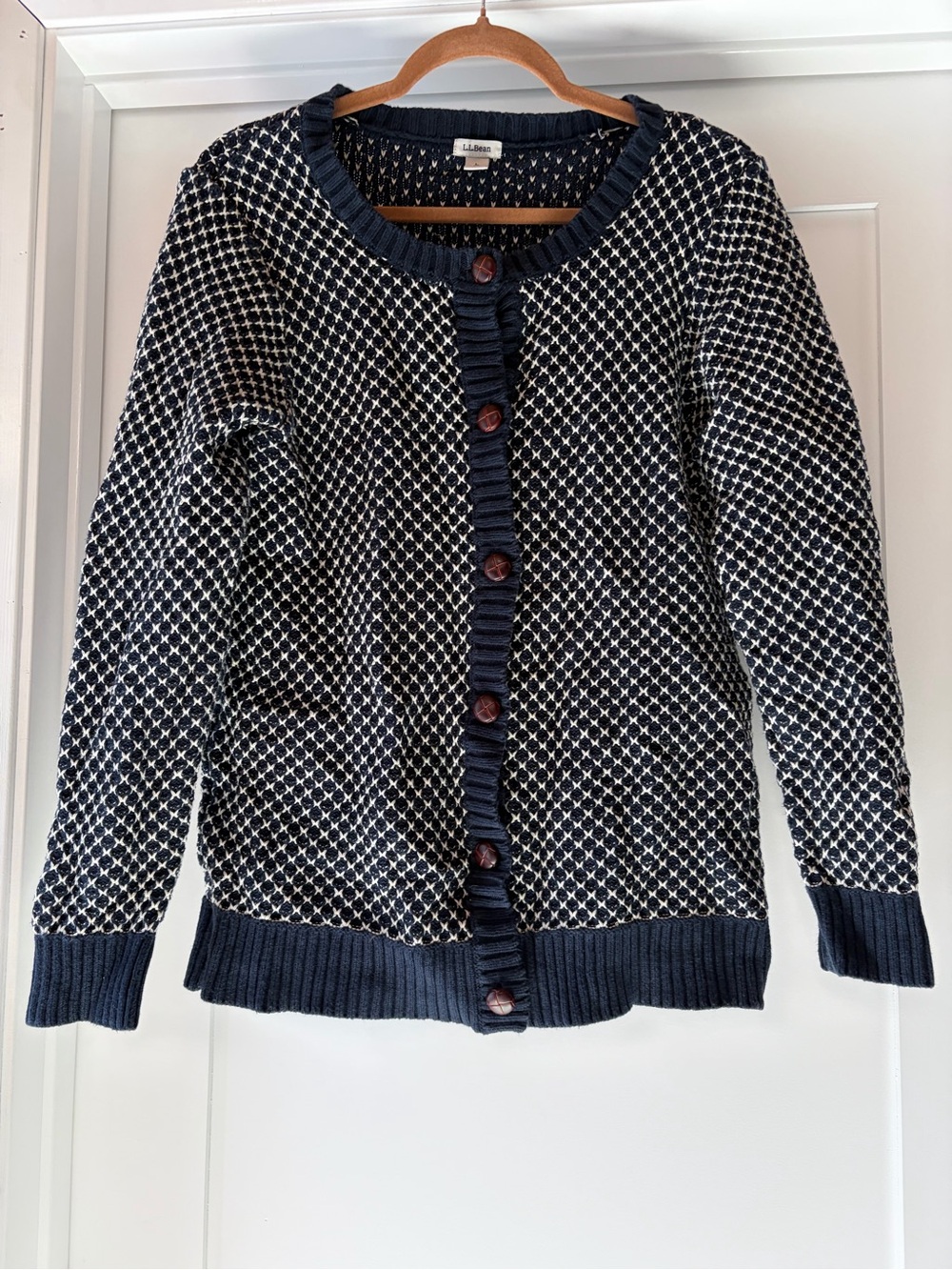 LL Bean cotton navy and White Knit Cardigan Sweater